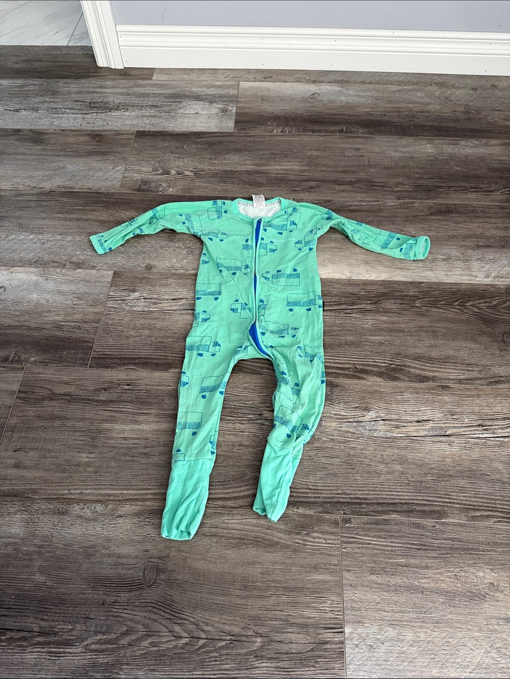Bonds Kids Mint Green One-Piece Footed Pajamas with Truck Print